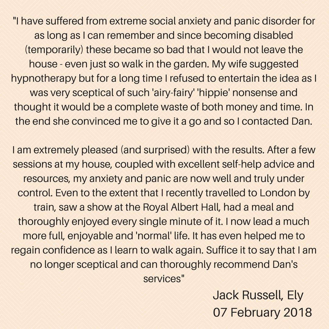 social anxiety panic disorder hypnotherapy testimonial ely and newmarket