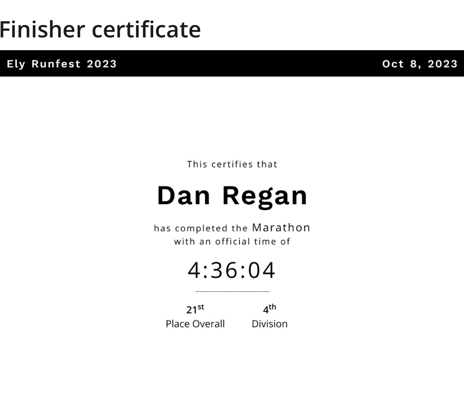 Ely Marathon Finisher Certificate - Dan Regan Hypnotherapy